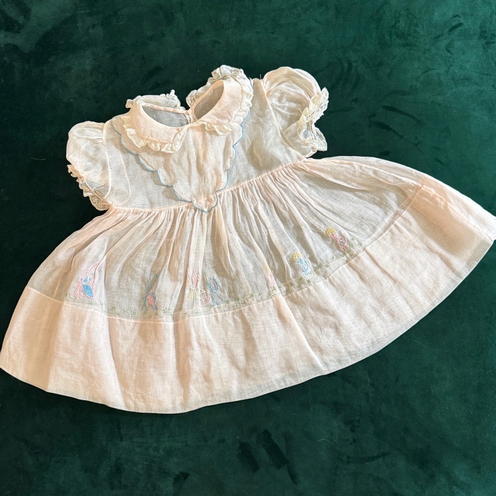 Vintage Yolande Sheer Baby Dress Hand Embroidered Birds Lace Collar Pink Blue